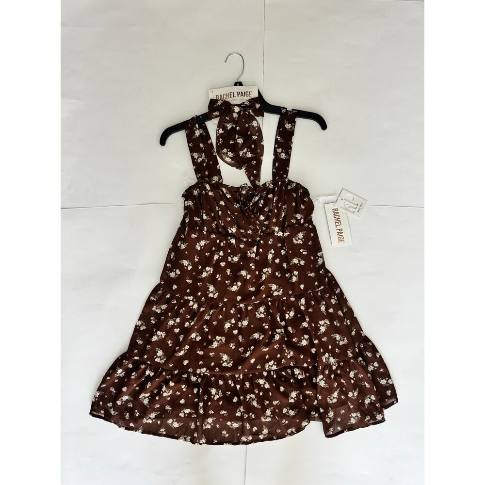 Rachel Paige Brown Floral Mini Dress with Matching Hair Clip NWT Size Small